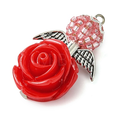 5Pcs 5 Styles Red Rose Flower Resin & Glass Seed Pendants PALLOY-MZ00287-1