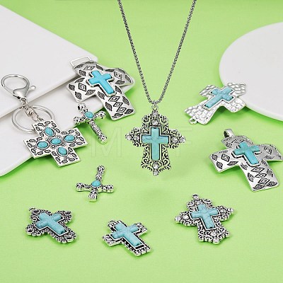16 Pieces Turquoise+Alloy+Zircon Pendant Vintage Turquoise Cross Pendant Alloy Accessories DIY Necklace Accessories(8 styles) JX640A-1