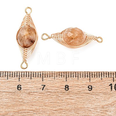Heated Natural Yellow Quartz Faceted Flat Round Links Connector Charms with Copper Herringbone Wire-Wrapped KK-Z152-09G-03-1