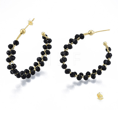 Brass Wrapped Black Glass Bead Stud Earrings for Women EJEW-N011-101-1