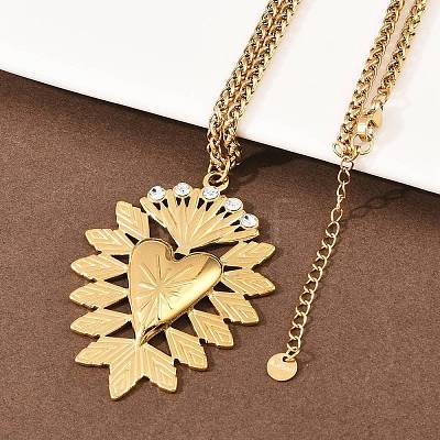 304 Stainless Steel Crystal Rhinestone Heart Pendant Wheat Chain Necklaces NJEW-P344-01G-1