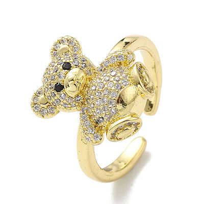 Clear Cubic Zirconia Bear Open Cuff Ring RJEW-H135-02G-1