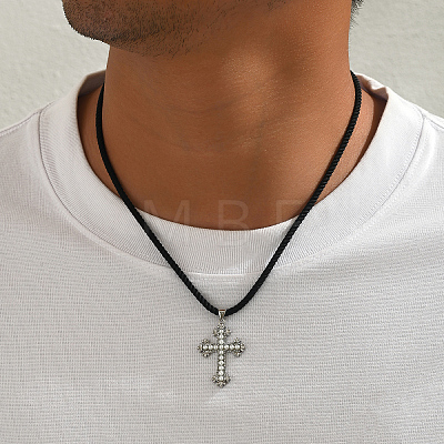 Brass & Imitation Pearl Cross Pendant Black Cord Necklaces for Men LI2000-2-1