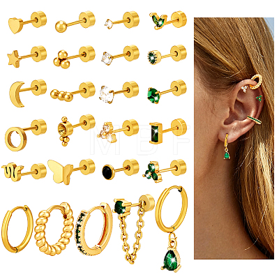 25Pcs Stainless Steel Pave Green and Clear Cubic Zirconia Cartilage Earring Sets EJEW-PH0001-53-1