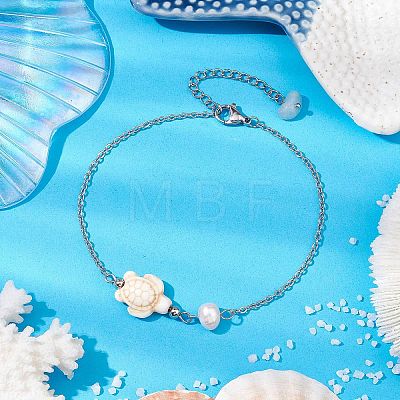 Synthetic Turquoise & Natural Freshwater Pearl Link Anklets AJEW-AN00628-04-1