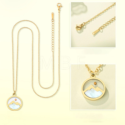 Flat Round 201 Stainless Steel Pave Natural Shell Mustard Seed Pendant Necklaces for Women WG511AE-05-1
