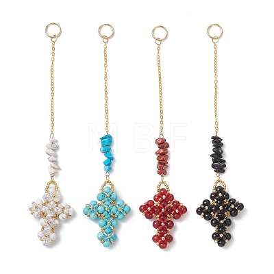 Cross Glass & Synthetic White Howlite & Green Turquoise & Natural Carnelian & Red Jasper & Black Onyx Chips Beads Pendant Decorations HJEW-MZ00402-1