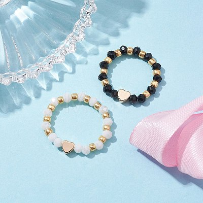 Glass Stretch Rings with Golden Plated Heart Brass Beads RJEW-JR00660-01-1