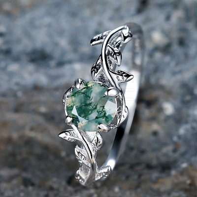 Oval & Leaf 925 Sterling Silver with Moss Agate Finger Rings FS-WGF1EFD-02-1