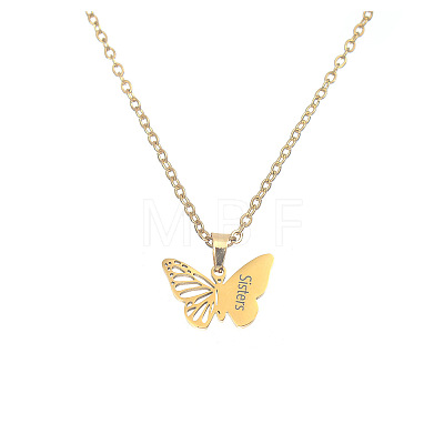 304 Stainless Steel Filigree Butterfly Engraved Sisters BFF Pendant Necklaces for Women FS-WG8B29F-02-1
