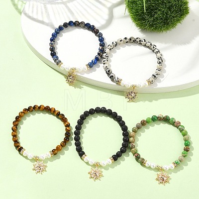 6mm Round Gemstone & Shell Pearl Beaded Stretch Bracelet Sets BJEW-JB10921-1