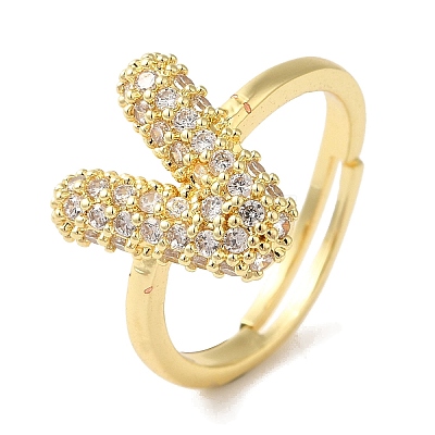 Rack Plating Letter Brass Micro Pave Clear Cubic Zirconia Adjustable Rings for Women KK-S391-03G-V-1