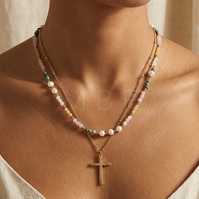 Colorful Natural Mixed Stone and Imitaiton Pearl Beaded Double Layered Necklaces with Stainless Steel Religion Cross Pendant MK2269-1