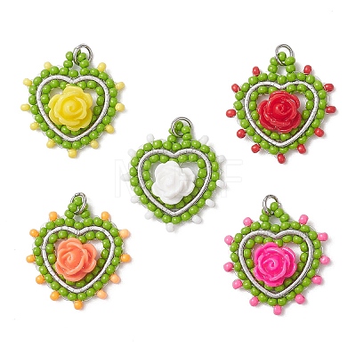 Glass Seed Beaded Heart with Rose Pendants PALLOY-MZ01030-1