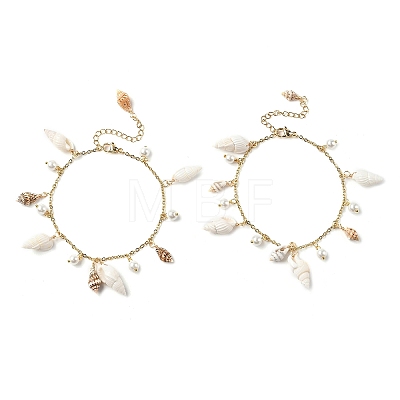 Natural Spiral Shell & Glass Pearl Charm Anklets AJEW-AN00567-1