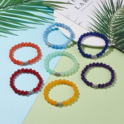 7Pcs 7 Color Natural Malaysia Jade(Dyed) Stretch Bracelets Set with Alloy Hangers BJEW-JB08133-1