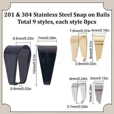 72Pcs 9 Styles 201 & 304 Stainless Steel Snap on Bails STAS-SC0005-51-1