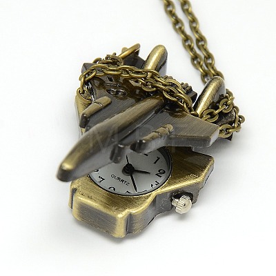 Alloy Fighter Airplane Design Pendant Pocket Watch Necklaces with Iron Chains and Lobster Claw Clasps X-WACH-N011-59-1