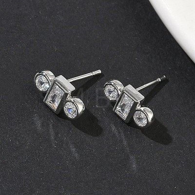 Rectangle with Flat Round Brass Micro Pave Clear Cubic Zirconia Stud Earrings EJEW-G452-12P-1