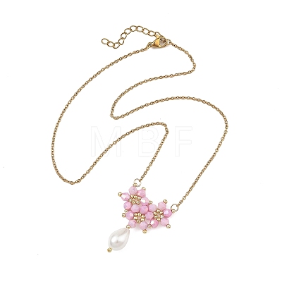 Electroplate Glass Beaded Flower Teardrop Pendant 304 Stainless Steel Cable Chain Necklaces NJEW-MZ00156-01-1