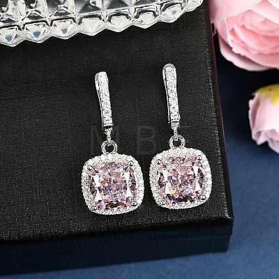 925 Sterling Silver Pave Cubic Zirconia Square Hoop Earrings EJEW-C150-01A-02-1