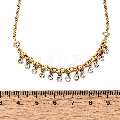 304 Stainless Steel Crystal Rhinestone Flat Round Tassel Pendant Rolo Chain Necklaces for Women NJEW-G199-05G-1