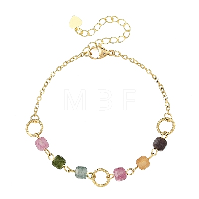 Natural Multicolor Tourmaline Faceted Cube Beaded Brass Chain Bracelets for Women BJEW-JB14334-01-1