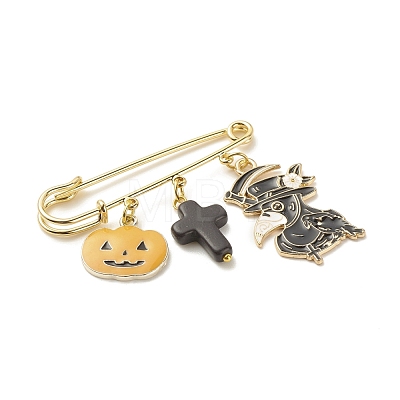 Halloween Pumpkin & Plague Doctor Alloy Enamel Charm Safety Pin with Synthetic Turquoise Cross JEWB-BR00069-02-1