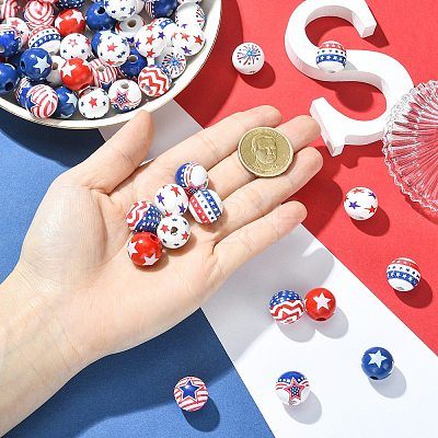 90Pcs 9 Styles Printed Wood European Beads WOOD-CJ0002-69-1