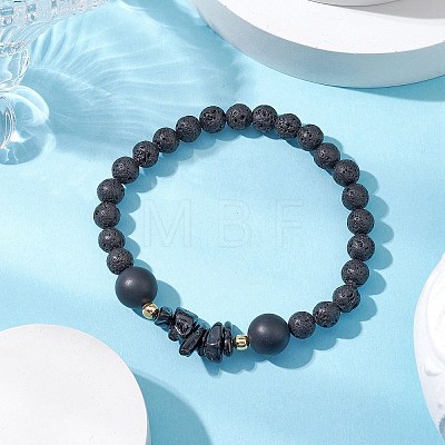 Natural Black Agate with Natural Lava Rock Beaded Stretch Bracelets for Women BJEW-JB11130-05-1