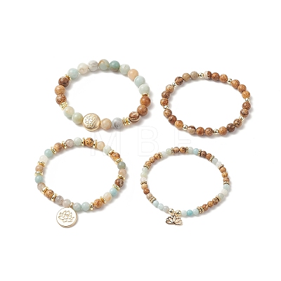 Natural Flower Amazonite & Picture Jasper Beaded Stretch Bracelets Sets with Non-Magnetic Synthetic Hematite BJEW-JB09280-1