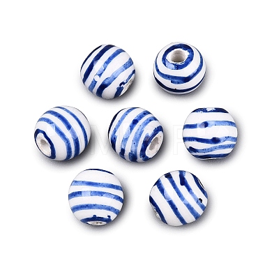 Hand Painted Blue and White Striped Round Porcelain Beads PORC-Q007-01B-1