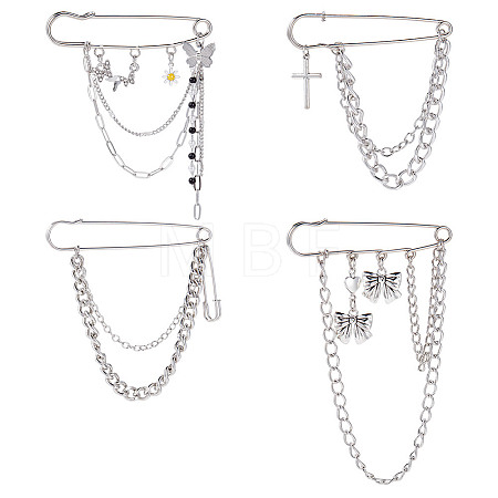 4Pcs 4 Styles Zinc Alloy Hanging Chain Brooches JEWB-DR0001-06-1