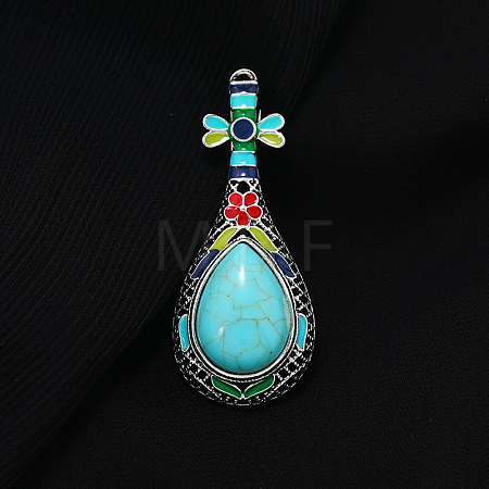Synthetic Turquoise Musical Instrument Pipa Brooch with Enamel G-PW0007-054C-1