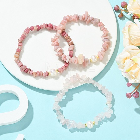 3Pcs 3 Styles Natural Mixed Gemstone Chip & Cultured Freshwater Pearl Beaded Stretch Bracelets Set for Women BJEW-JB13762-04-1