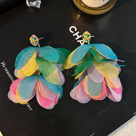 Alloy Polyester Flower Tassel Stud Earrings FS-WG690F4-01-1