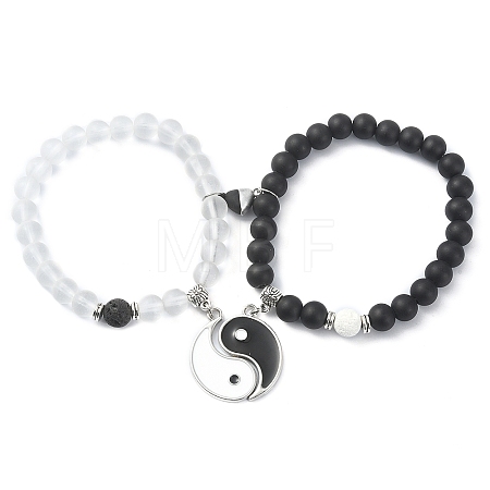 2Pcs 2 Style Glass & Natural Lava Rock Round Beaded Stretch Bracelets Set BJEW-JB09847-1