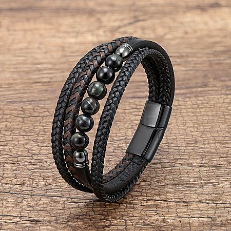 Dyed & Heated Natural Tiger Eye Round Beads & Braided Imitation Leather Cord Bracelets for Men FS-WGCE7B3-17-1