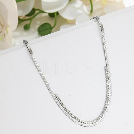 304 Stainless Steel Pave Square Clear Cubic Zirconia Flat Snake Chain Necklaces for Women WG60D5C-02-1