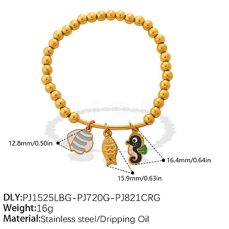 304 Stainless Steel Enamel Charm Round Beaded Stretch Bracelets for Women WGF740E-02-1