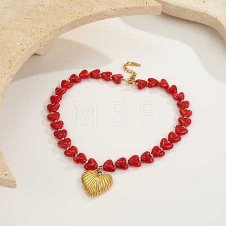 Valentine's Day 304 Stainless Steel Heart Pendant Resin Beaded Necklaces for Women FS-WG68522-01-1