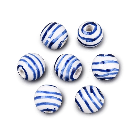 Hand Painted Blue and White Striped Round Porcelain Beads PORC-Q007-01B-1