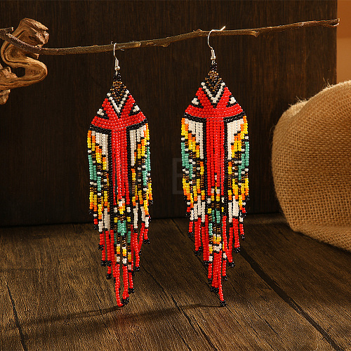 Bohemian Style Geometric Glass Seed Bead Tassel Dangle Earrings for Women AT5435-2-1