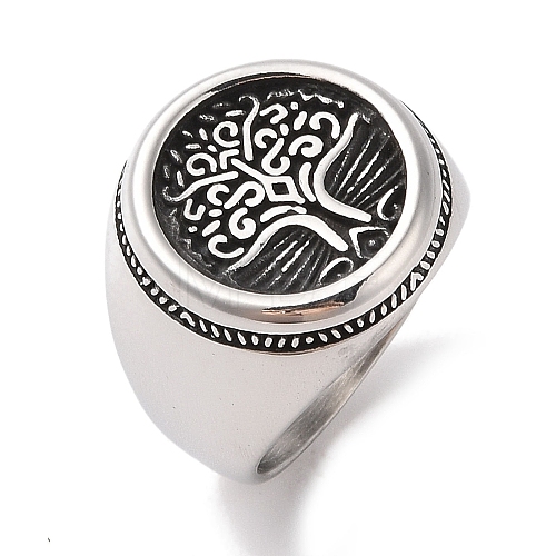 304 Stainless Steel Round with Tree of Life Signet Rings for Men RJEW-U005-15A-AS-1