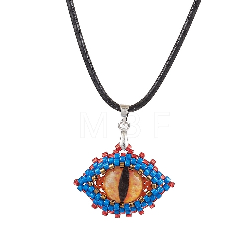 Evil Eye Glass Seed Beads Pendant Imitation Leather Cord Necklaces for Women NJEW-MZ00049-1