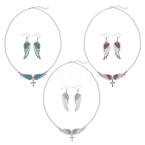 Rhinestone Wings with Cross Pendant Necklaces & Dangle Earrings SJEW-AN0001-20-1