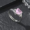 Adjustable Brass Finger Rings with Pink Heart Cubic Zirconia for Valentine's Day CU-CBA7E55-11P-1