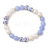Natural Blue Lace Agate & Cultured Freshwater Pearl & Handmade Porcelain Ceramic Beads Stretch Bracelets for Women BJEW-JB13085-2