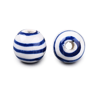 Hand Painted Blue and White Striped Round Porcelain Beads PORC-Q007-01B-1