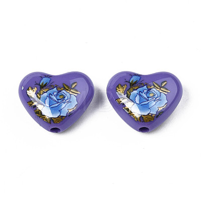 Flower Printed Opaque Acrylic Heart Beads SACR-S305-28-M02-1